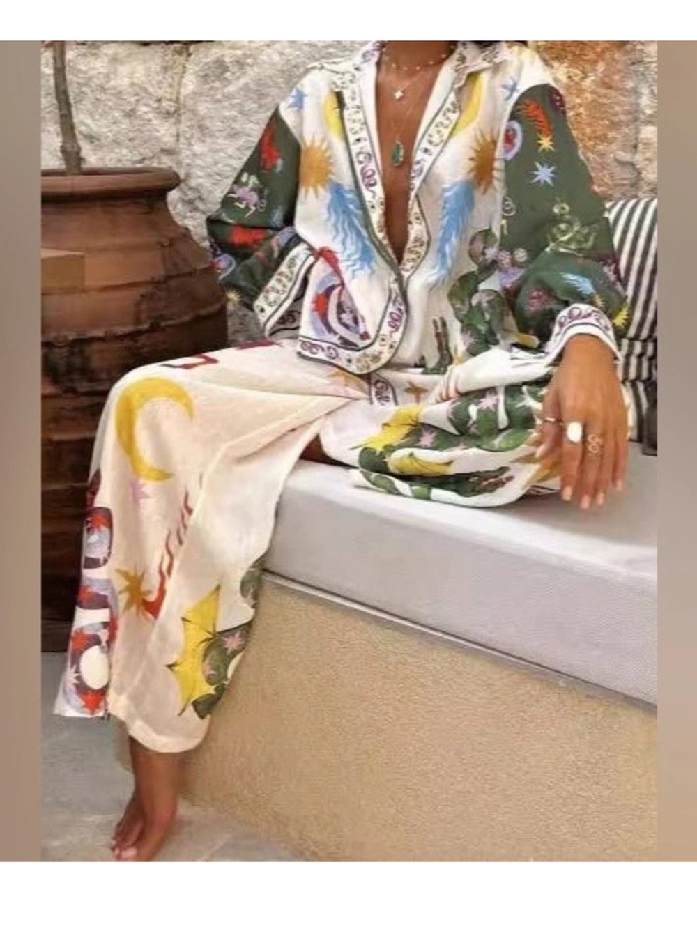 Boho Celestial Dragon Print 2 PC  Set Wide Leg Pants Button Up Shirt Loungewear